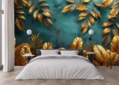 Gold decorative art wallpaper. Art painting, contemporary art, a floral pattern with golden leaves, a plant and bamboo with a curvature of the line, and green background... Wall mural