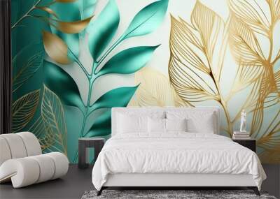 Golden and green leaves. Beautiful, minimalistic print for your decor for postcard, congratulations and poster. Generative AI Wall mural