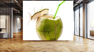 Green coconuts with drinking straw isolated Wall mural