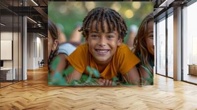 Green grass and happy boys and girls Wall mural