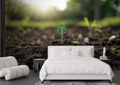 Growing young plant at the sun. Concept of the environment and ecology. Sustainable development sources. Wall mural