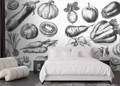 Hand drawn organic food, engraving vegetable and fruit sketch Wall mural