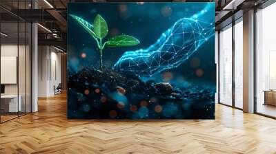 Hand holding young plant in soil. Low poly style design. Blue geometric background. Wireframe light connection structure. Modern 3d graphic concept. Isolated  illustration. Wall mural