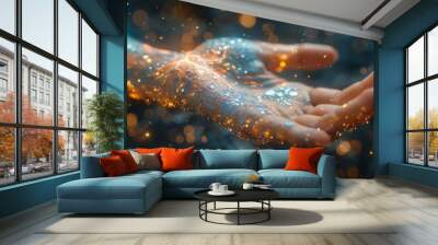 Hand of a woman touching the metaverse universe, Conceptual example of digital transformation for the next generation of technology. Wall mural