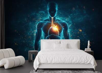 Human heart with X-ray in front view and male body contours in 3D rendering illustration. Anatomy, cardiovascular system, medical, biology, science, healthcare concepts. Wall mural