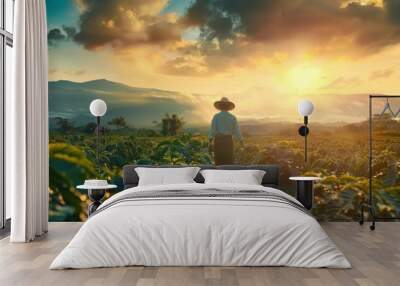 In an outdoor coffee field, a farmer is working at sunset... Wall mural