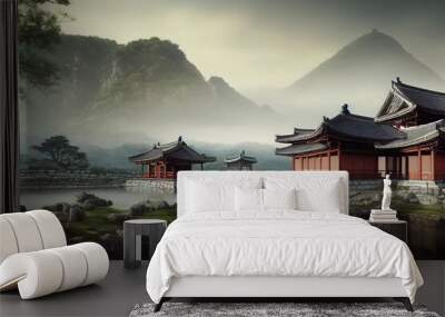 In the valley at the foot of the mountains there are houses near the lake. 3D illustration Wall mural