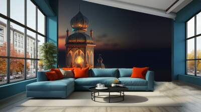 Islamic holiday banner in monotone design. Ramadan night. Cute mosque and lantern displayed on stages with glowing light in the evening. 3d illustration, ai	 Wall mural