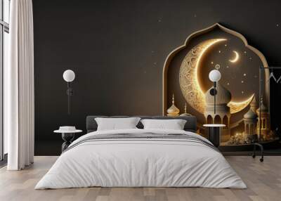 Islamic ramadan kareem display podium background with 3d of arabian lantern and crescent moon. Beautiful muslim invitation with ramadan. Eid mubarak. Religion background. AI Wall mural