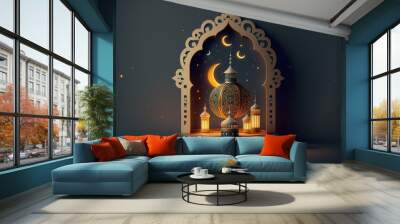 Islamic ramadan kareem display podium background with 3d of arabian lantern and crescent moon. Beautiful muslim invitation with ramadan. Eid mubarak. Religion background. AI Wall mural