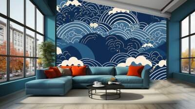 Japanese wave  illustration of the ocean.Traditional oriental, minimalistic Japanese style. . Generative AI Wall mural