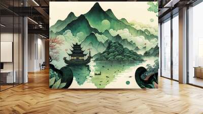 Lake and mountain landscape in chinese style background.In traditional oriental, minimalistic Japanese style. AI Wall mural