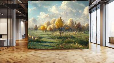 Landscape, trees with yellow autumn foliage on a field with grass under a blue sky with clouds. Wall mural