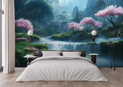 Landscape with a waterfall in a green forest with shrubs and delicate flowers on a summer day 3d illustration Wall mural