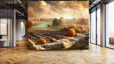 Landscape with orange agricultural fields. harvest season Wall mural