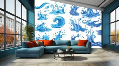 Liquid water splashes, falling aqua drops, sea or ocean waves and swirl. Blue water motion effects vector cartoon set Wall mural