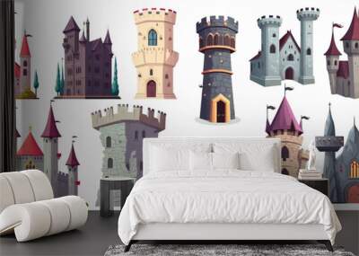 Medieval castle flat vector illustration. Cartoon fairytale fortress. Old ancient gothic tower fortress or fairy citadel cartoon vector isolated icons set Wall mural