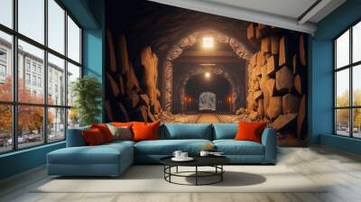 Mine tunnel inside view, cave with railway, rocks, stone shaft with wooden. 3d illustration Wall mural