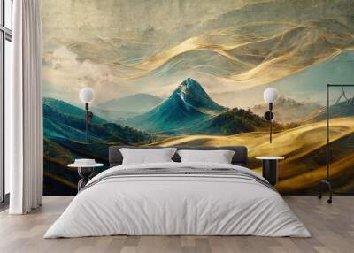 minimalistic mountain landscape with watercolor brush in japanese traditional style. wallpaper with  Wall mural