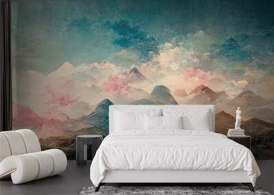 Minimalistic mountain landscape with watercolor brush in Japanese traditional style. Wallpaper with abstract art for prints or covers. 3d artwork Wall mural