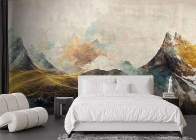 Minimalistic mountain landscape with watercolor brush in Japanese traditional style. Wallpaper with abstract art for prints or covers. 3d artwork Wall mural