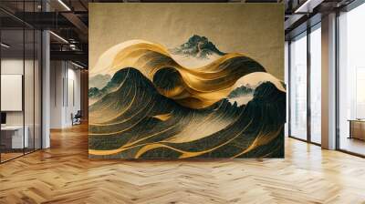 Minimalistic mountain landscape with watercolor brush in Japanese traditional style. Wallpaper with abstract art for prints or covers. 3d artwork Wall mural