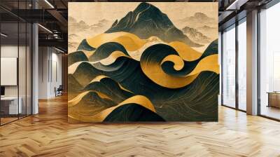 Minimalistic mountain landscape with watercolor brush in Japanese traditional style. Wallpaper with abstract art for prints or covers. 3d artwork Wall mural