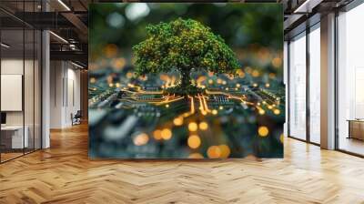 Modern illustration of futuristic technology concept of digital environment in futuristic polygonal style. Glowing neon tree on circuit board background. Wall mural