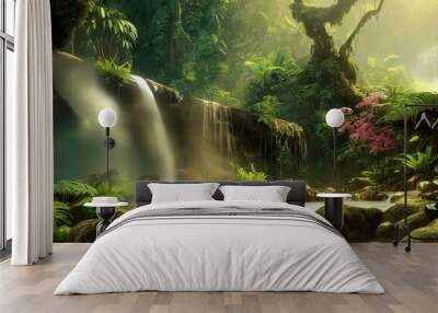 Mountain green valley with a waterfall and stormy water that falls from a height and trees, stones under a blue sky 3d illustration Wall mural