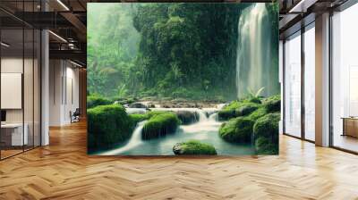 Mountain green valley with a waterfall and stormy water that falls from a height and trees, stones under a blue sky 3d illustration Wall mural