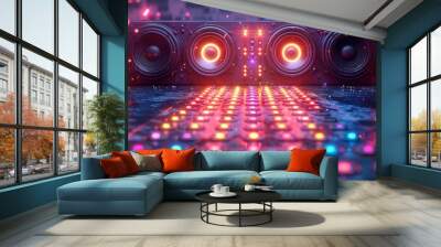 Music party poster template in neon colors. Music speaker with RGB backlight. Robotic sound system on background of digital lights. Background of disco musical banner. Wall mural