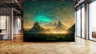 Night landscape with mystical green light in mountains over green valley, starry night sky 3d illustration Wall mural