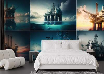 Offshore oil and gas industry, a remote platform where crude gas and crude oil are extracted in the open sea. AI Wall mural