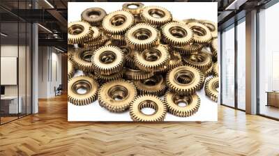 Old brass metal gears. Vintage bronze metallic cogwheels on white, separated gearwheels in retro style Wall mural