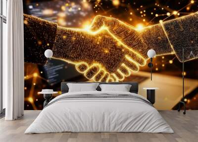 On a laptop screen, two people are seen shaking hands Wall mural