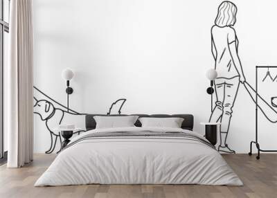 One-line art depicting a woman training a dog with a stick Wall mural