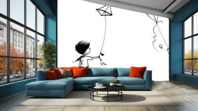 One line continuous drawing of young boy playing kites in modern style Wall mural