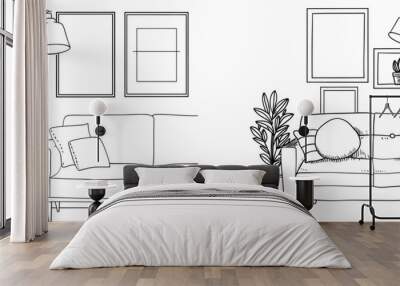 One line drawing of a living room with modern furniture editable stroke. Single line. Wall mural