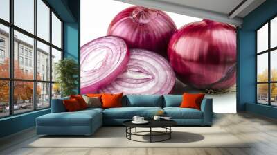 Onion slices and wholes in red, isolated on white Wall mural