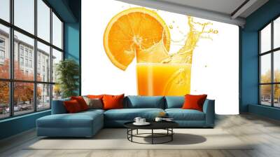 Orange fruit slice and juice glass with splash and drops flying falling Wall mural