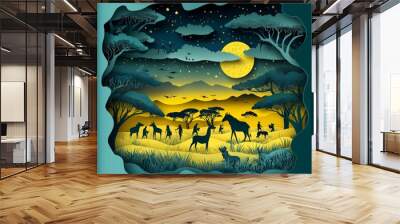 Paper art. Bible story. Adam naming the animals in the Garden of Eden. Wall mural