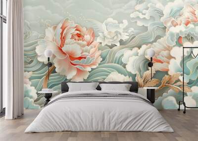 Peony flower and hand-drawn Chinese cloud decorations in vintage style. Crane birds element with art abstract banner design. Wall mural