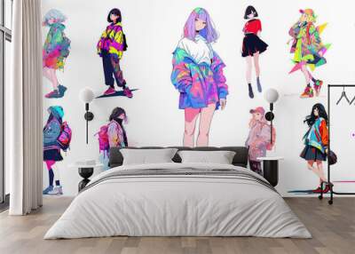 People, girls dressed in stylish clothes. Fashionable women at Fashion Week. A group of female cartoon characters dressed in fashionable clothes. Flat colorful Generative AI Wall mural