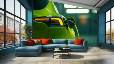 Plugged in electric car at charging station. Stock picture Wall mural