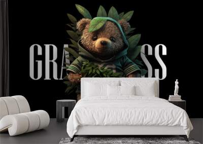 Plush cute bear doll in an embrace with a marijuana bush on a black background. For street style t shirt design graphic. Beautiful minimalistic print for your decor for postcard, congratulations Wall mural