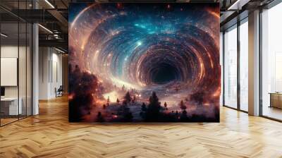 Portal in the Universe with a fiery glow around. Contours of dark trees Wall mural