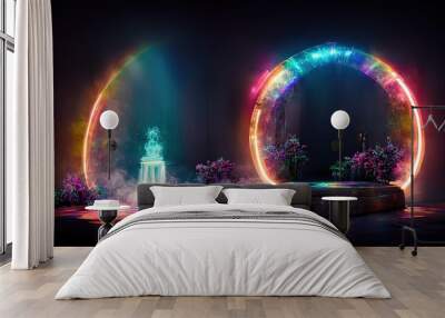 Portal with virtual rainbow arch in dark fantasy garden Wall mural