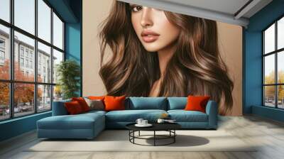 Portrait of a woman with voluminous, wavy brunette hair and a subtle makeup look, placed against a neutral background Wall mural