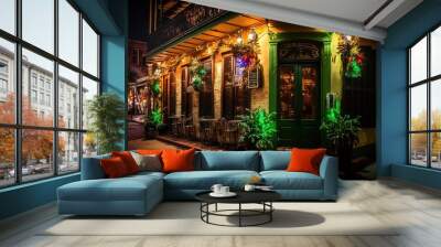 Pubs with colorful lights and decorations in the French Quarter.Beautiful with design for Brazil carnival. Happy Carnival, Brazil, South America Carnival. AI Wall mural