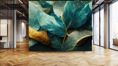 Raster illustration of beautiful blue flower arrangement with bracelet, leaves, bouquet. Fragrant colors in sea colors. Botanical garden, fine art, painting. Wreath of flowers. 3D artwork background Wall mural